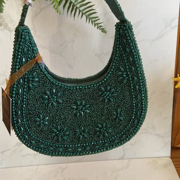New Viral Beaded Bag Made in India Hunter Green Shoulder Bag Fall Winter Floral - Picture 6 of 6